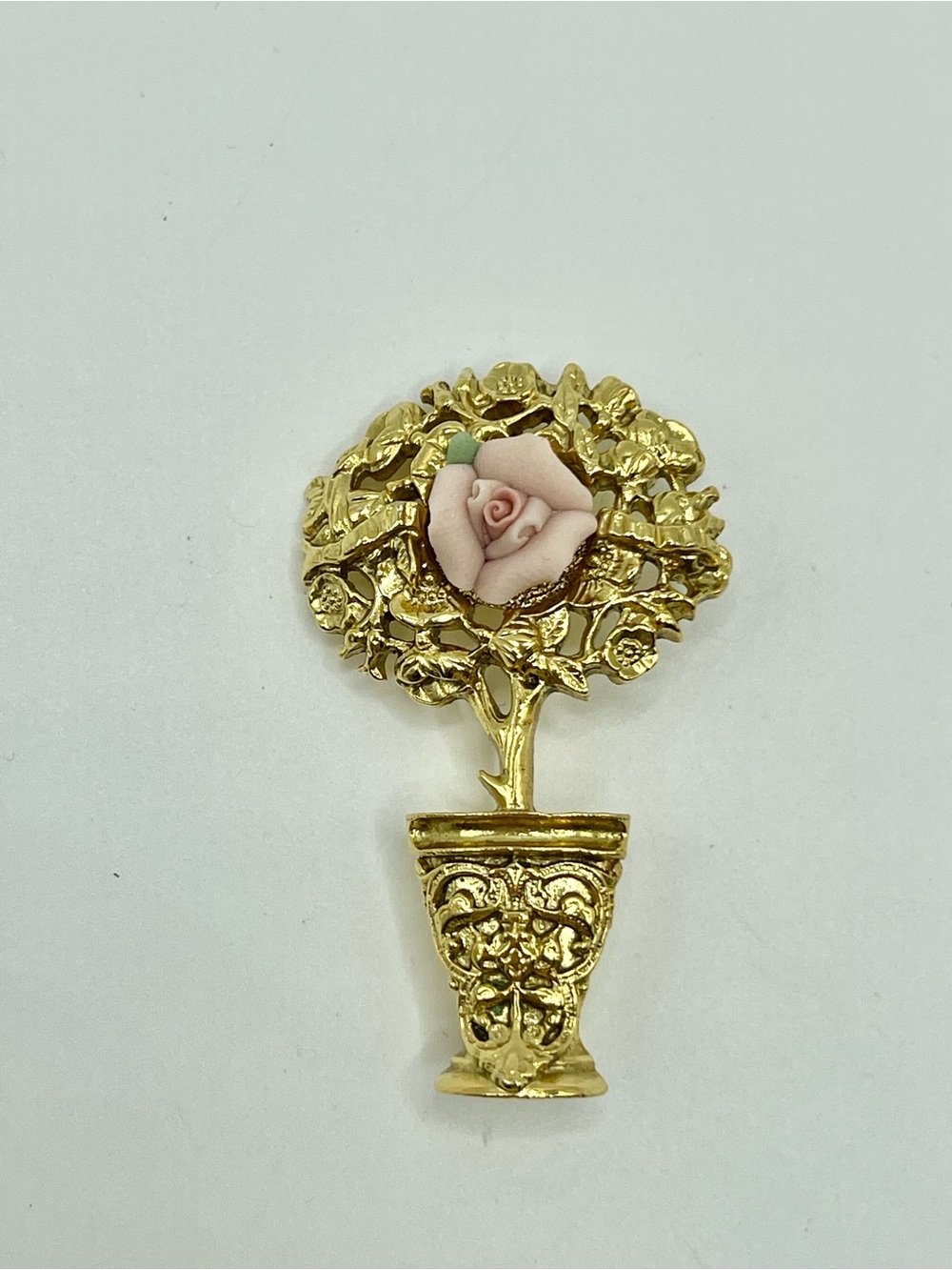 1928 Gold Tone Potted Topiary Brooch with Pink Porcelain Rose